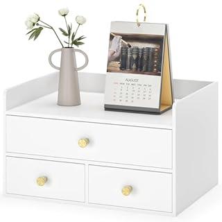 Bamboo Desk Organizer with Drawers Wooden Desktop Storage Drawers for Bills Office Supplies Kitchen Utensils Organizing Tool for Home Classroom Organization No Assembly  (hite, 3 Drawers)