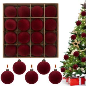 3.15" Burgundy Velvet Christmas Ball Ornaments Set, 16 pcs Flocked Red Xmas Tree Decoration, Large Shatterproof Decorative Hanging Balls for Party Holiday Wreath Garland Home Dcor