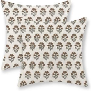Brown Pillow Covers 18x18 Inch Set of 2 Vintage Block Print Floral Throw Pillows Neutral Modern Boho Flower Decorative Pillow Cases Farmhouse Linen Outdoor Decor Cushion Cover for Couch Sofa