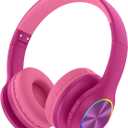 2024 Bluetooth Kids Headphones Fit for Aged 3-21, Colorful LED Lights Comfort Wireless Headphones with Microphone 94dB Volume Limited for School/iPad/PC/TV/Cellphones, Wired & TF Card Mode, Hot Red