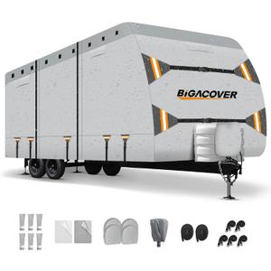 Travel Trailers RV Cover for 22-24 ft, 420D Duty Oxford PU Waterproof UV Proof Protection RV Cover with Side Zipper Windproof Straps, Vents & Travel Trailer Camper Cover Accessories