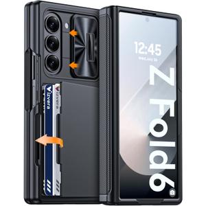 Vizvera for Samsung Galaxy Z Fold 6 Case RFID Wallet with Cards Holder [Hinge Cover] [Camera Cover] Shockproof Silicone Protective Phone Case for Z Fold 6 2024-Black