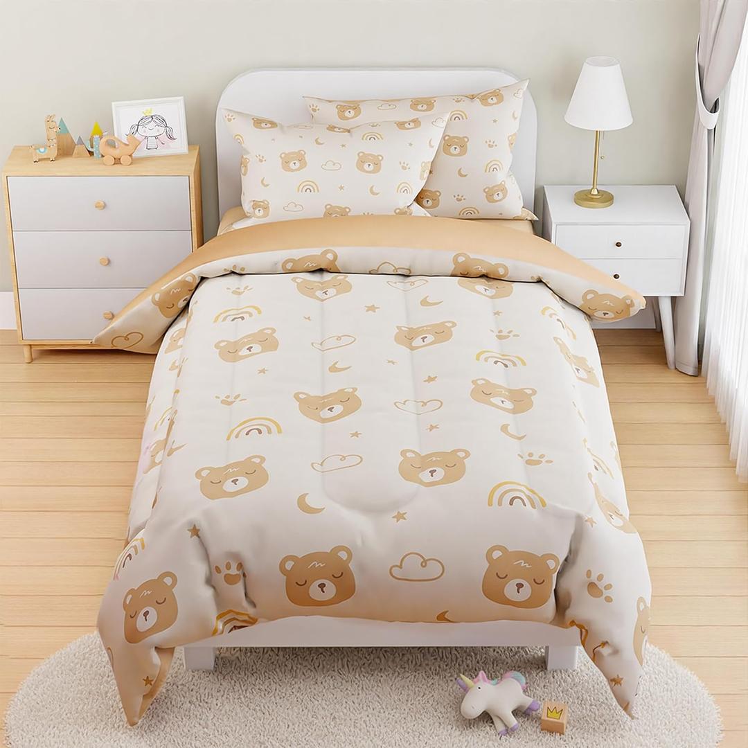 SANDJEST Bear Comforter Set Twin Size 68x86in for Kids Boys Girls Unisex, Microfiber 3 Pcs Bedding Set Includes 1 Comforter, 1 Pillowcase, 1 Fitted Sheet, Nursery Room Decor