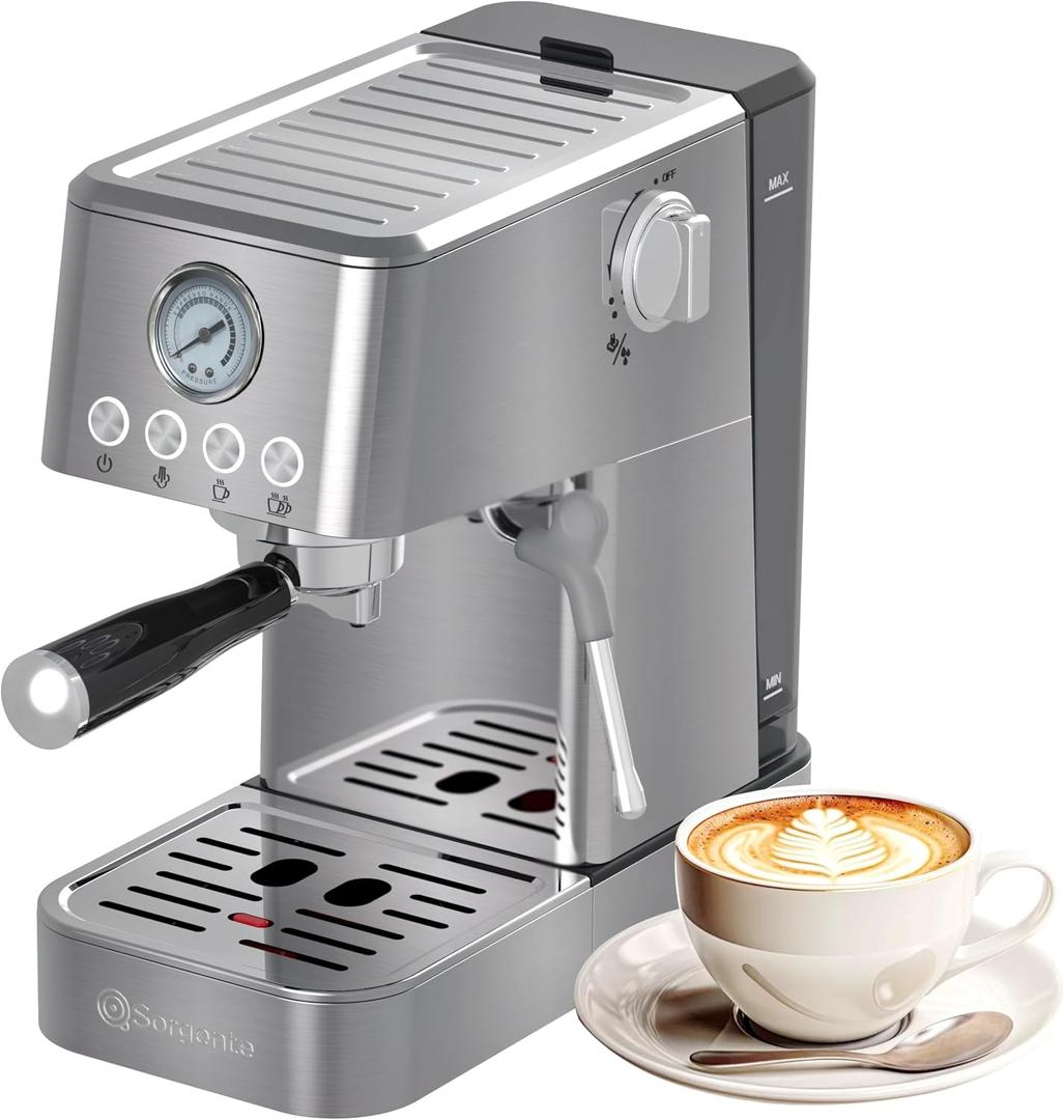 Sorgente 20 Bar Espresso Machine with Milk Frother
Stainless Steel Coffee Maker, 1350W Fast-Heating for Home Cappuccino & Latte, Visible Pressure Gauge, Silver