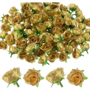 M METERXITY 100-Pack Artificial Roses Heads, 1.2 Inch Small Silk Faux Rose Head for Wedding/Bouquet/Party Decorations, Fake Bloom Flower Heads Buds [Gold Tone]