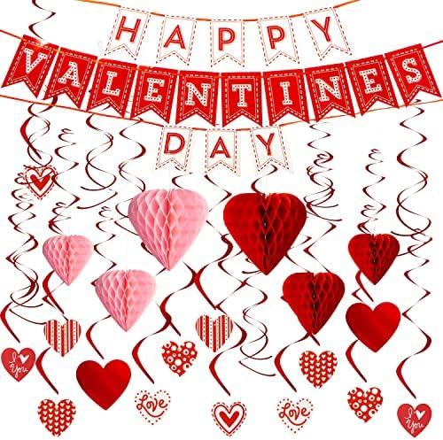 JOYIN 31 Pcs Valentines Day Decoration Kit with 1 Happy Valentine's Day Banner, 8 Foil Swirls, 14 Hanging Swirls with Heart Pendant, 8 Hanging Red Pink Heart Honeycombs, Valentine Party Supplies