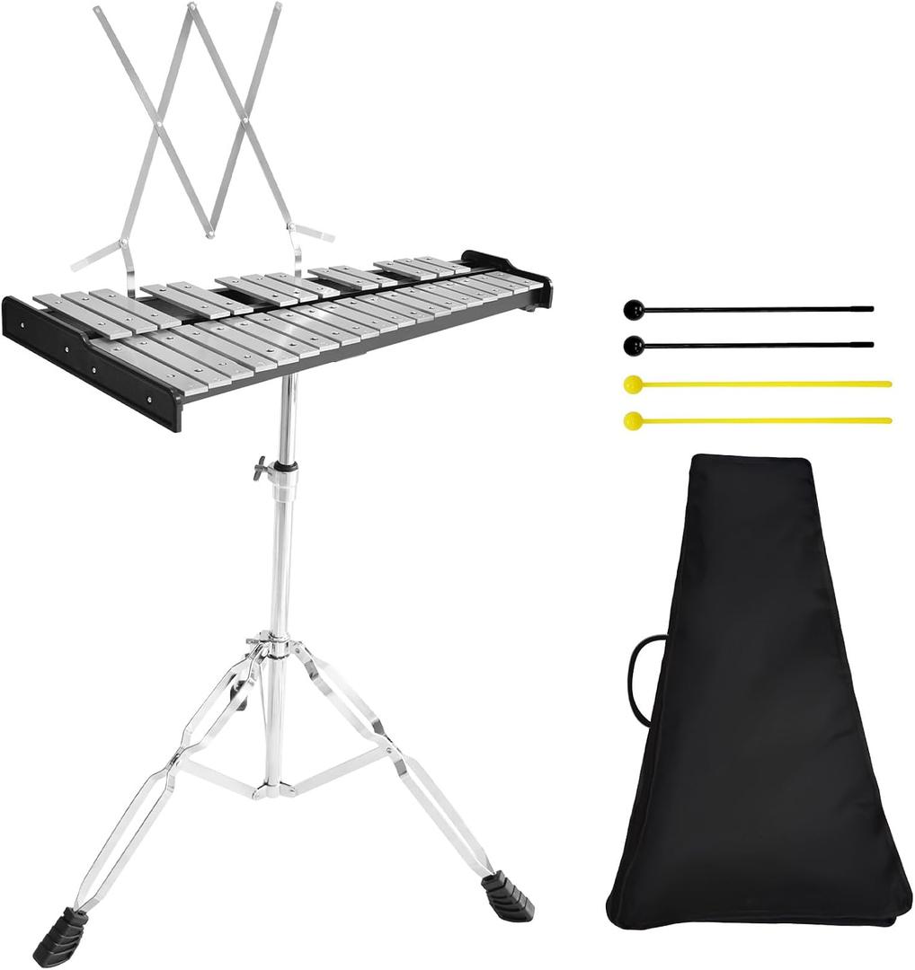 32 Notes Glockenspiel Xylophone Bell Kit, Professional Xylophones for Beginner with Adjustable Stand, Music Stand, Sticks, Aluminum Percussion Instrument Set for Adult (silvery)