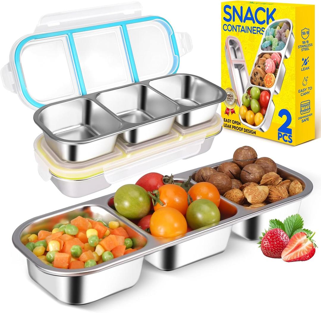 2 Pack Stainless Steel Snack Containers for Kids Adults, Reusable 3 Compartment Snackle Box Container with Leakproof Lids Metal Bento Lunch Boxes Food Storage Containers for Travel Picnics Office School
