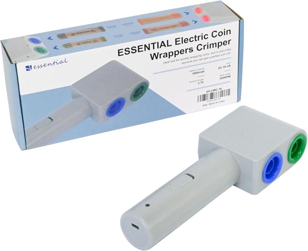 ESSENTIAL Electric Coin Wrappers Crimper, Color Coded Coin Wrapper Crimping Tool, Includes 16 Assorted Preformed Coin Roll Wrappers