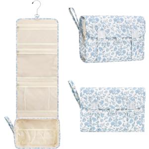 Hanging Toiletry Bag, Travel Toiletries Bag with Hanging Hook, Water Resistant Makeup Cosmetic Organizer for Full Sized Container, Shampoo, Portable Wash Bag for Travel Size Essentials - Blue Flower (Large)