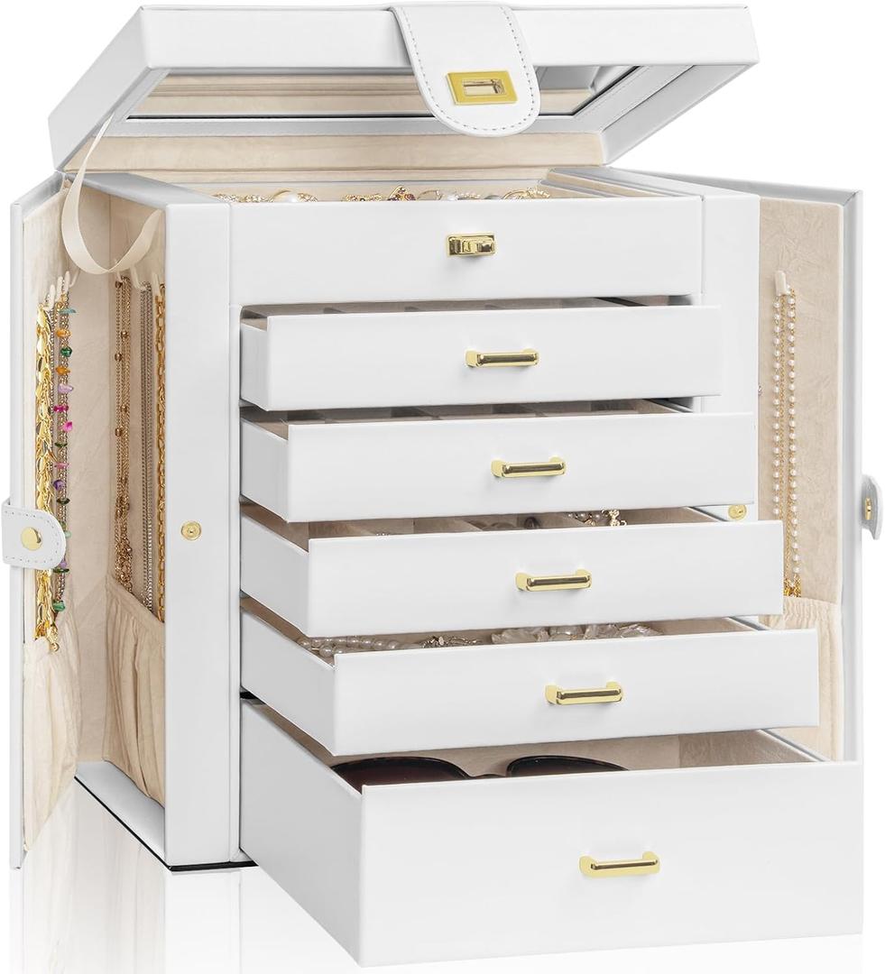 AKOZLIN Large Jewelry Box Organizer Functional with Big Mirror, Leather Jewelry Storage Case for Women Girls Ring Necklace Earring Bracelet Holder Organizer White