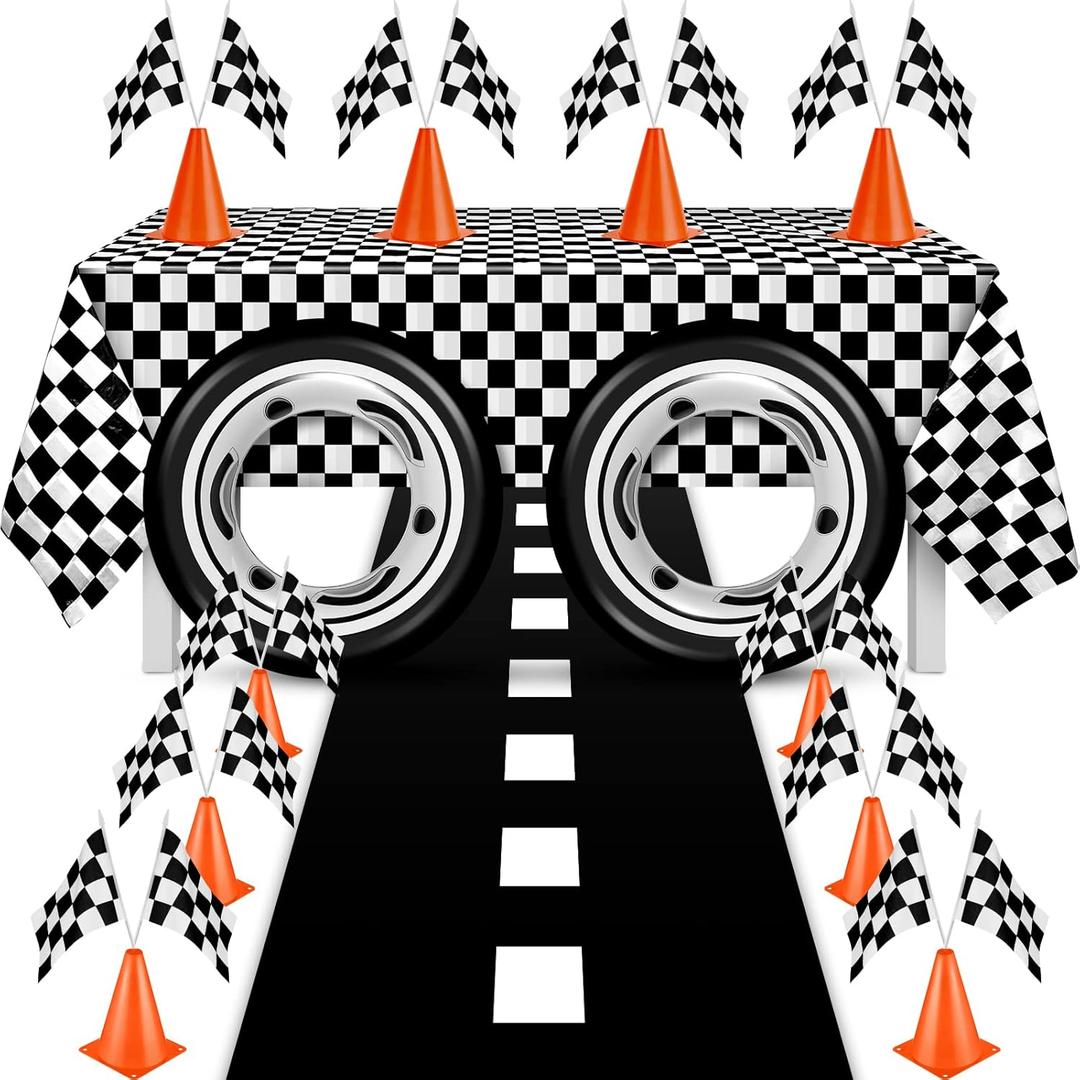 24 Pcs Race Car Theme Birthday Party Supplies, 8 Pcs Traffic Cones, 12 Black and White Checkered Flags, 2 27.5" Inflatable Tire Tubes, Black Floor Runner, Checkered Tablecloth(Classic Style)
