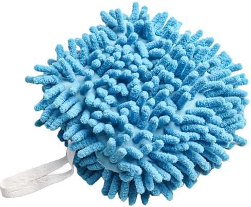 Chenille Hand Towel Hanging Ball Super Absorbent Quick-Drying Soft Fuzzy Ball for Bathroom Kitchen Office Car Drying Hands Thickened Round Microfiber Towel Grey Blue White 17x17cm 2 Pack (Blue)