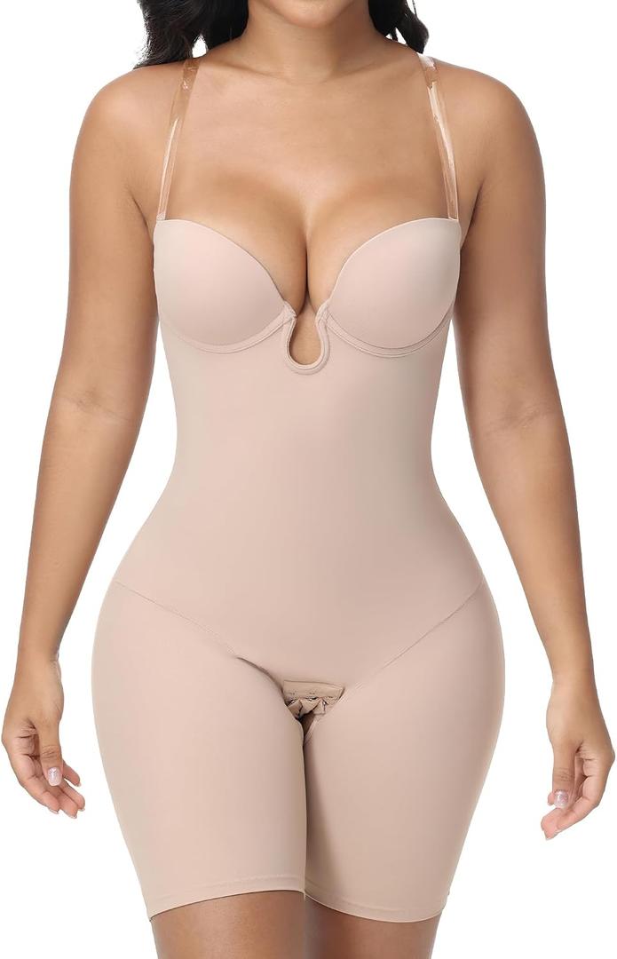 SHAPESHE Backless Strapless Shapewear Bodysuit Plunge Low Back Body Shaper (Beige, XS)