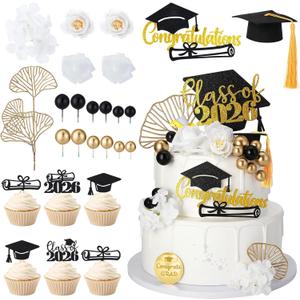 36 Pcs Graduation Cake Topper Graduation Cap Cake Toppers Class Of 2026 with Diploma Flowers Balls for Graduation Party Decor
