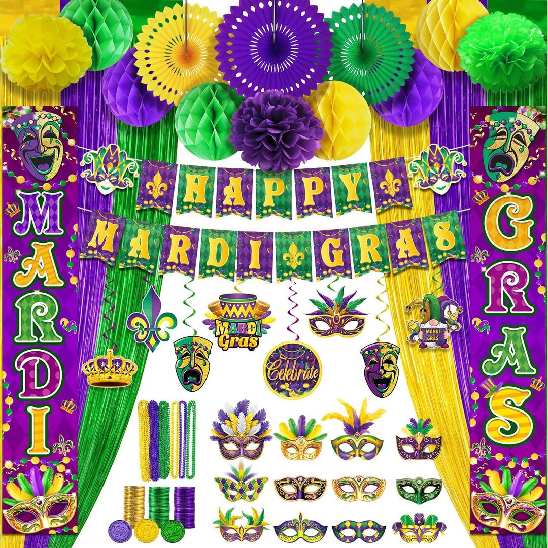Mardi Gras Decorations, 48pcs Mardi Gras Party Supplies Sets, Purple Green and Gold Mardi Gras Party Decorations for New Orleans Mardi Gras, Fat Tuesday Decorations, Mardi Gras Decorations for Party