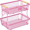 2 Tier Fruit Basket for Kitchen Counter with 2 Banana Hangers, Countertop Metal Fruit Bowl with Wooden Handle, Large Storage Stand for Vegetables, Snacks, Breads, Produce Storage – Rose Pink