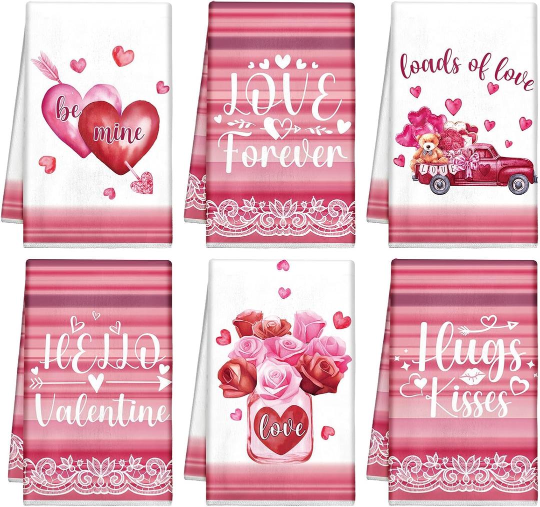 Patelai 6 Pieces Valentine Kitchen Towels Red Hearts Hand Valentine's Day Plaid Love Truck Tea Bathroom Holiday Dish Towels, 21.3 x 14.3 Inch(Lovely Color, Sweet Style)