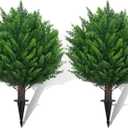 21" Artificial Cedar Topiary Ball Trees with Ground Spike Set of 2 - UV Resistant Faux Shrubs & Bushes Potted Plants for Outdoor Indoor Front Porch Garden