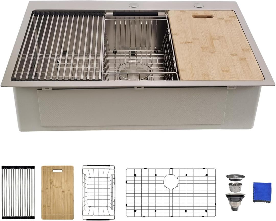 30" x 18" x 9" Drop In Kitchen Sink - Delironexu 16 Gauge Stainless Steel Kitchen Sink Workstation, Single Bowl Deep Top Mount kitchen sink with 6 Accessories Package
