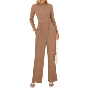 BTFBM Jumpsuits For Women Dressy Long Sleeve Wide Pants Rompers Mock Neck Ruched 2025 Casual Spring One Piece Jumpsuit (Large, Solid Khaki)