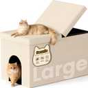 3-in-1 Cat Litter Box Enclosure with Odor Control, Multi-Functional Hidden Litter Box Furniture Bench, Dog Proof, Space-Saving Ottoman Cabinet with Flip-Up Lid, Storage Footrest, Beige