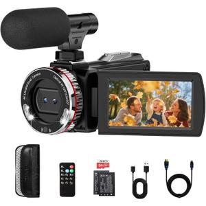 4K 60FPS Video Camera Camcorder with HDMI Cable, 48MP Vlogging Camera for YouTube, Dual Lens Camera Recorder, 21X Zoom Rotatable Screen Video Recorder with Mic, 2 Batteries &64GB Card (Small)