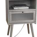 Mid Century Modern Nightstand with Charging Station, Bedside Tables with Glass Door, End Table Side Table with 2 Tiers Storage Space, for Bedroom, Living Room, Light Grey