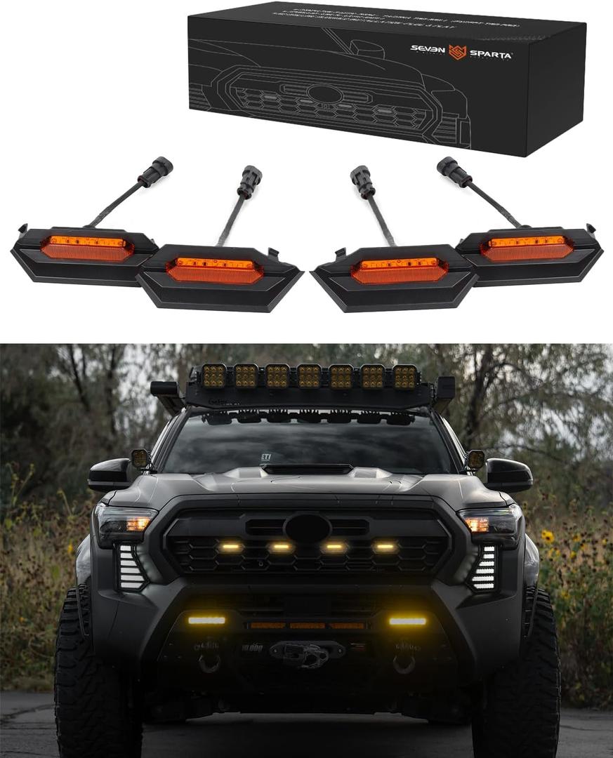 Seven Sparta 4 PCS Grill Led Lights with Fuse Adaptor Compatible with 2024-2025+ Toyota Tacoma TRD OEM Front Grille, including Sport, Off-Road, PreRunner, except TRD Pro (Amber Light with Amber Shell)