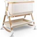 4 in 1 Baby Bassinet, Bassinets Bedside Sleeper with Wheels and Storage Basket, Adjustable 7 Heights Bedside Sleeper with Mosquito Net, Breathable Mesh Rocking Bassinet for Baby (Beige)