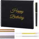 Birthday Guestbook with Pens Stickers Happy Birthday Signature Book 8.3 x 6.5 Inch Black Gold Birthday Guestbook for Birthday Photobooth Photo Strips Scrapbook Birthday Gift Party Supplies