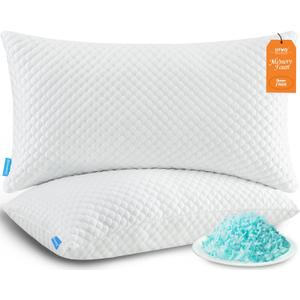 Cooling Pillows Queen Size Set of 2, Memory Foam Pillows with Zipper, Firm Bed Pillows Adjustable for Hot Side Back Stomach Sleepers (White)