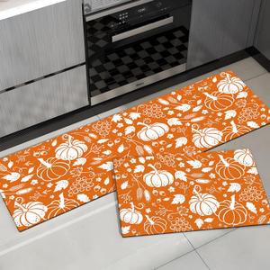 APROPHIC Fall Pumpkin Kitchen Mat Rugs Sets of 2,Orange Thanksgiving Harvest Pumpkin Wheat Plants Mat for Decor Hallways, Sink, Laundry Room, Floor Non Slip Carpet Washable 16x24 + 16x41 in
