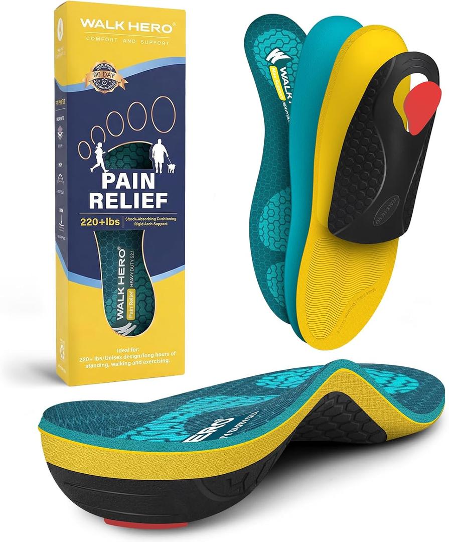 WalkHero Heavy Duty Plantar Fasciitis Insoles, 220+lbs Strong Arch Support Orthotics Inserts Relieve Pain, Work Boot Shoe Inserts (Mens 7-7.5 | Womens 9-9.5, Coral Green)