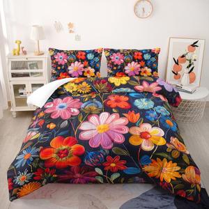 Colorful Flower Comforter Set Twin Size 3 PCS Bed in a Bag,Cute Floral Bedding Set for Girls Teens,Ultra Soft Microfiber Comforter Bed Set with 3-Pieces, Floral Bedroom Decor with Pillowcases