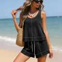 Tanming Womens 2 Piece Outfits Contrast Stitching Matching Sets A Line Tank Tops High Waist Shorts with Pockets (Black), Large