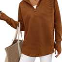 PRETTYGARDEN Womens Long Sleeve Quarter Zip Pullover Sweater Casual Loose V Neck Collared Ribbed Knit Jumper Tops Thumb Hole (XX-Large, Caramel)