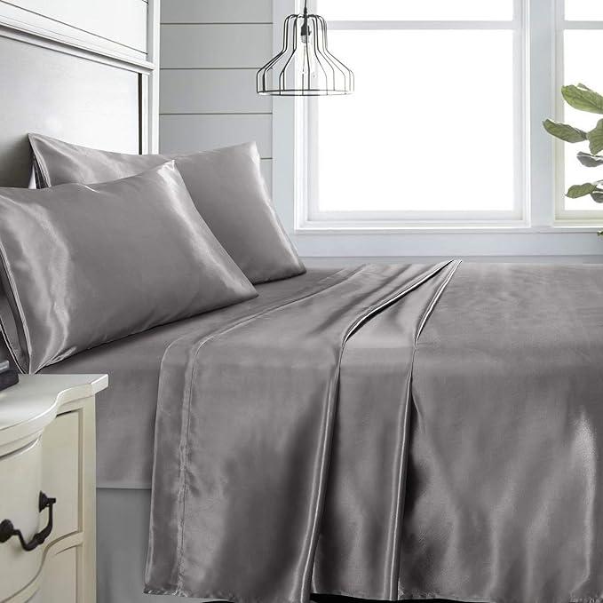 Niagara Sleep Solution Queen Grey Bed Sheet Set 4 Pieces Silky Smooth Bridal Satin Deep Pocket Fitted, Flat, 2 Pillow Cases Wrinkle Stain, Fade Resistant (Grey Satin, King)