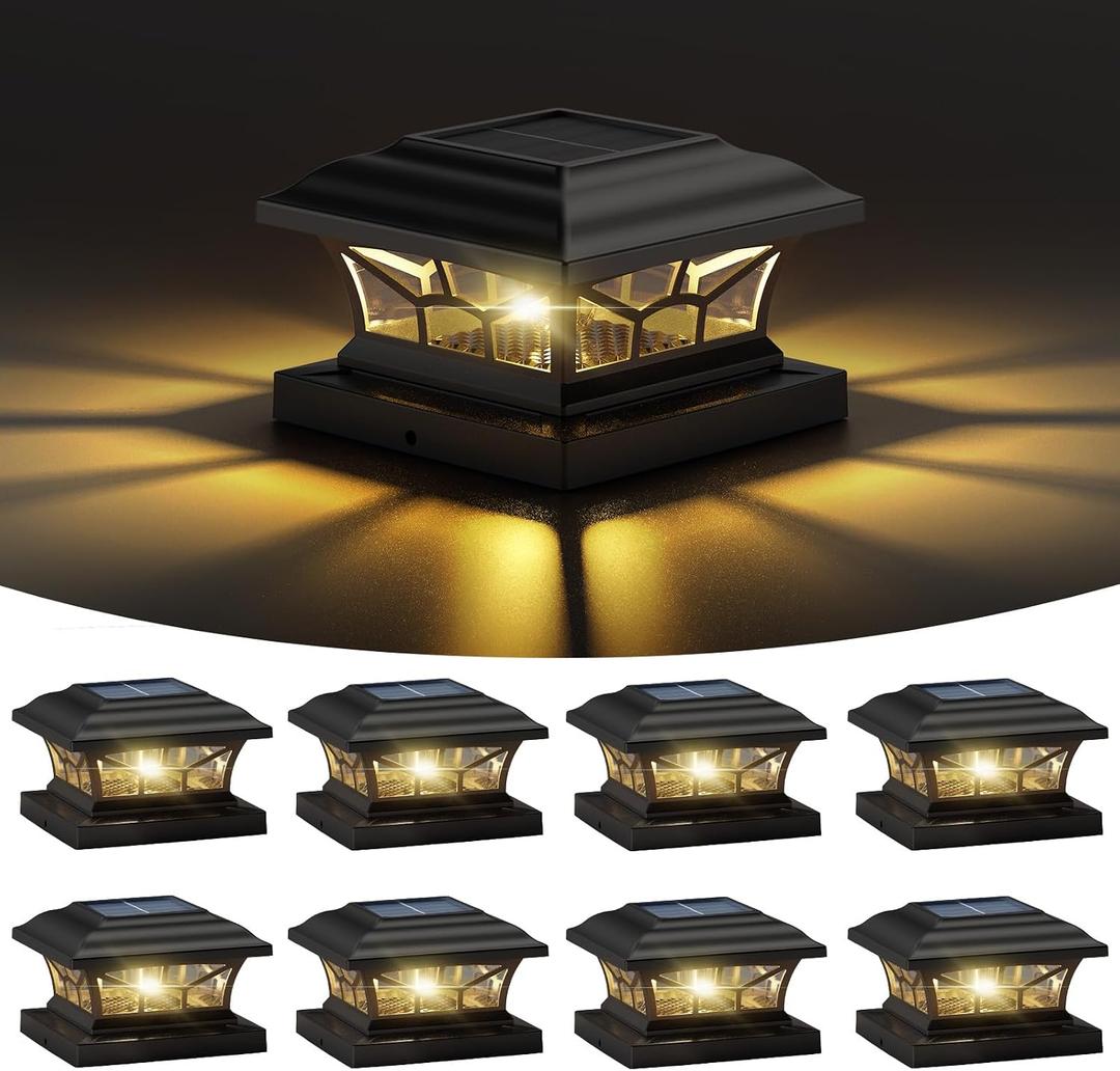 8 Pack Solar Post Cap Lights Outdoor Waterproof, Fits 4x4, 5x5, 6x6 Wooden & Vinyl Fence Decks with Warm & Cool White Light Modes, Classic Black