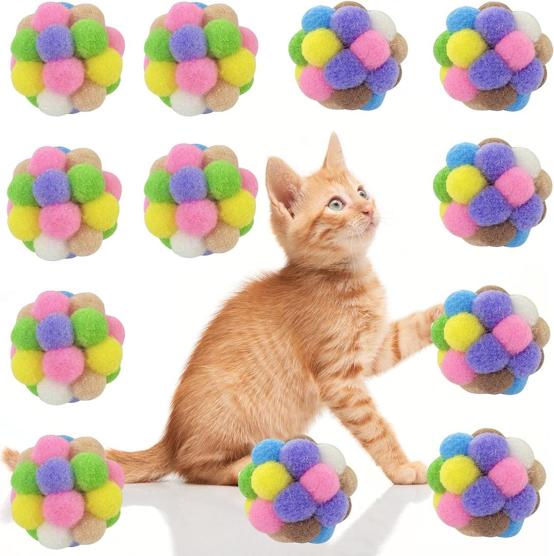 AQSXO 2 Inches Cat Toy Balls with Bell, Colorful Soft Fuzzy Balls, Cat Toys for Indoor 12 Pieces