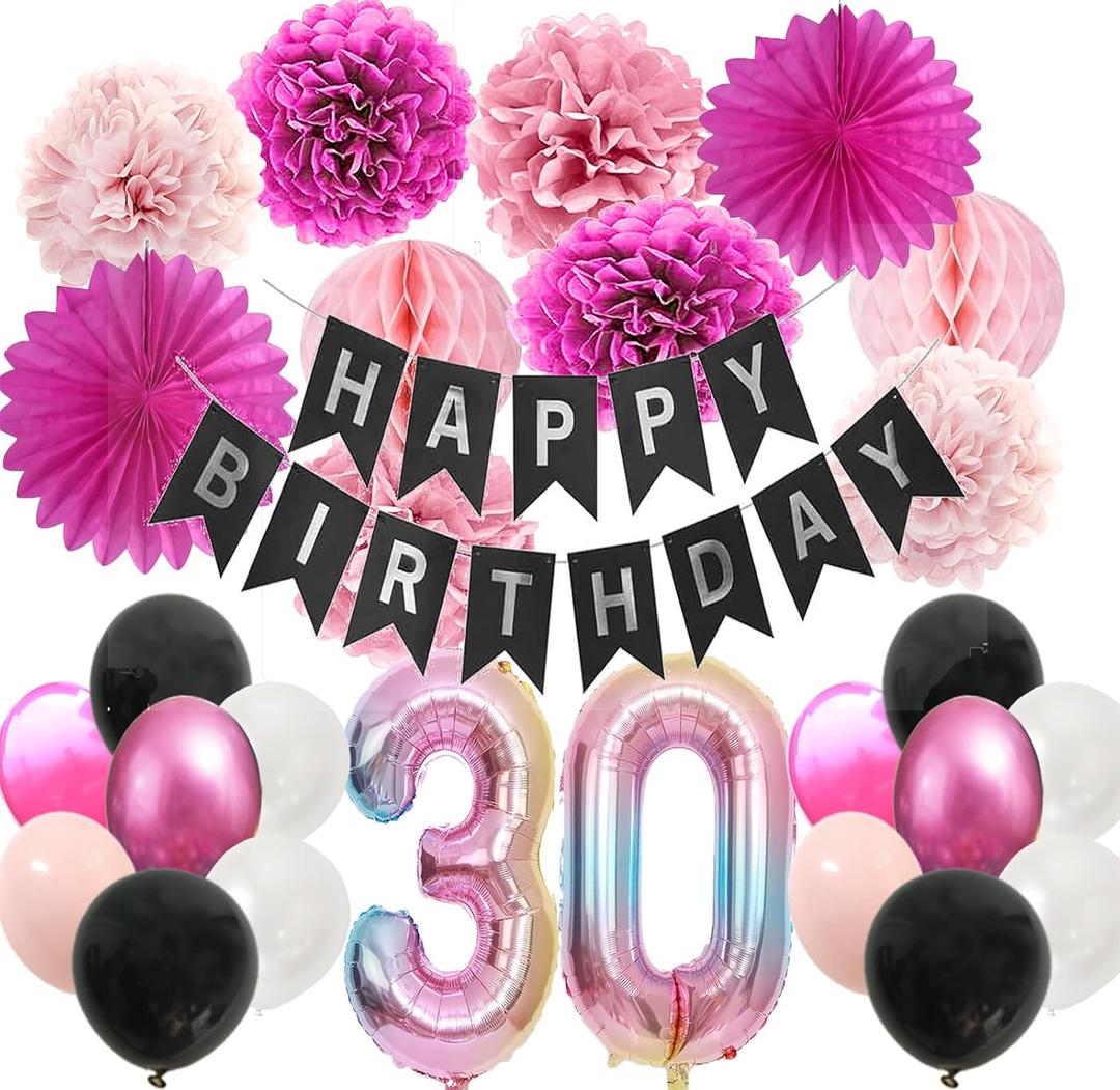 30th Birthday Decorations for her -Happy 30 Years birthday Party Supplies for Women with Black Pink Balloons and Paper Banner Fans Decors (30th black + pink), 12 Inches