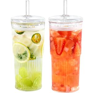 Puraville 20oz Glass Cups with Lids and Straws, 2 Pack High Borosilicate Iced Coffee Cups Drinking Glasses Tumbler for Smoothie, Water, Tea, Juice Drinks, Clear