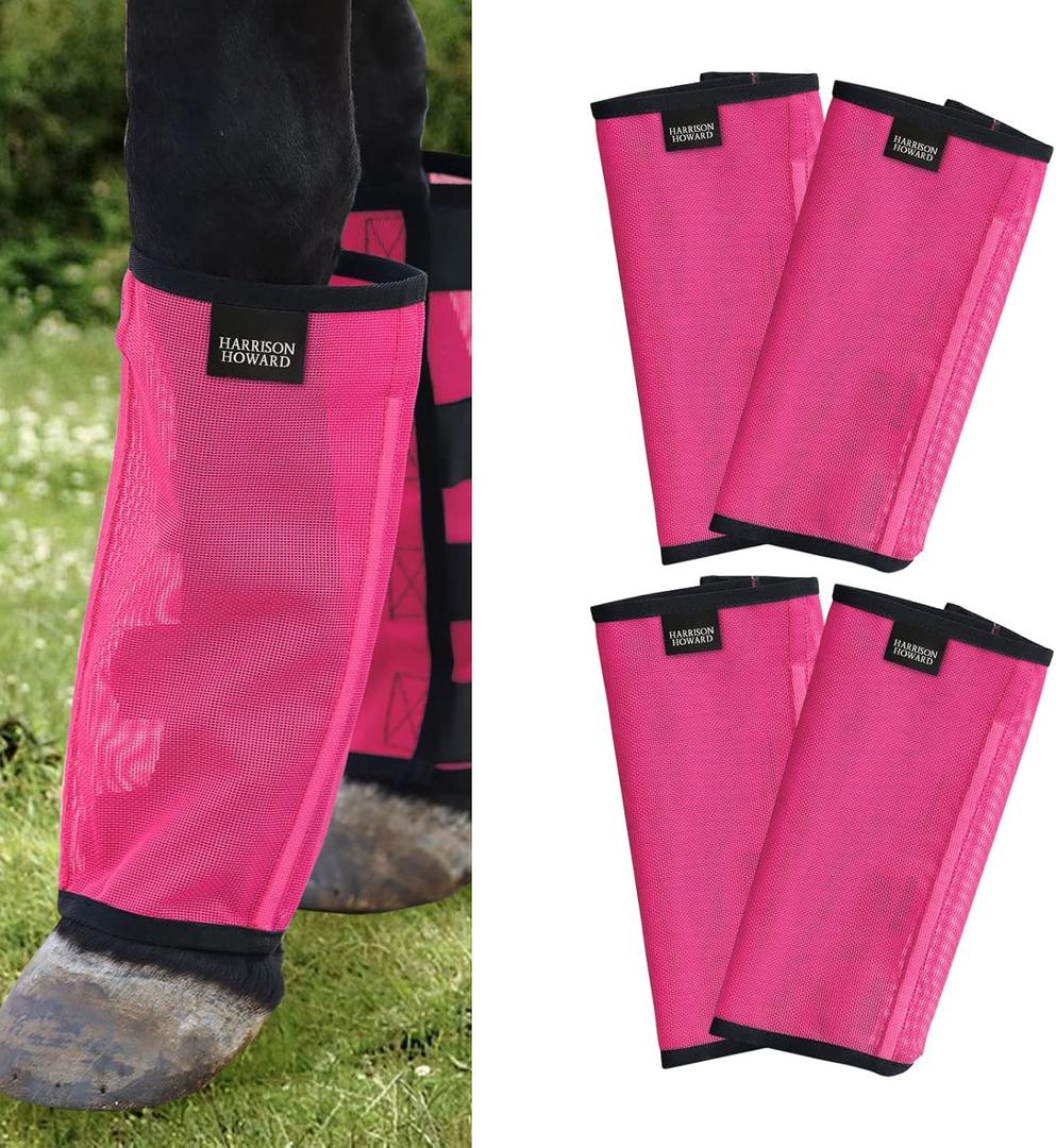 Harrison Howard Loose Fitting Fly Boots UV-Protective Extra Tough Mesh Ventilated Four Fasteners Stay-on Design Protect Horse Legs & Stomp-Reducing Set of 4 Magenta Large