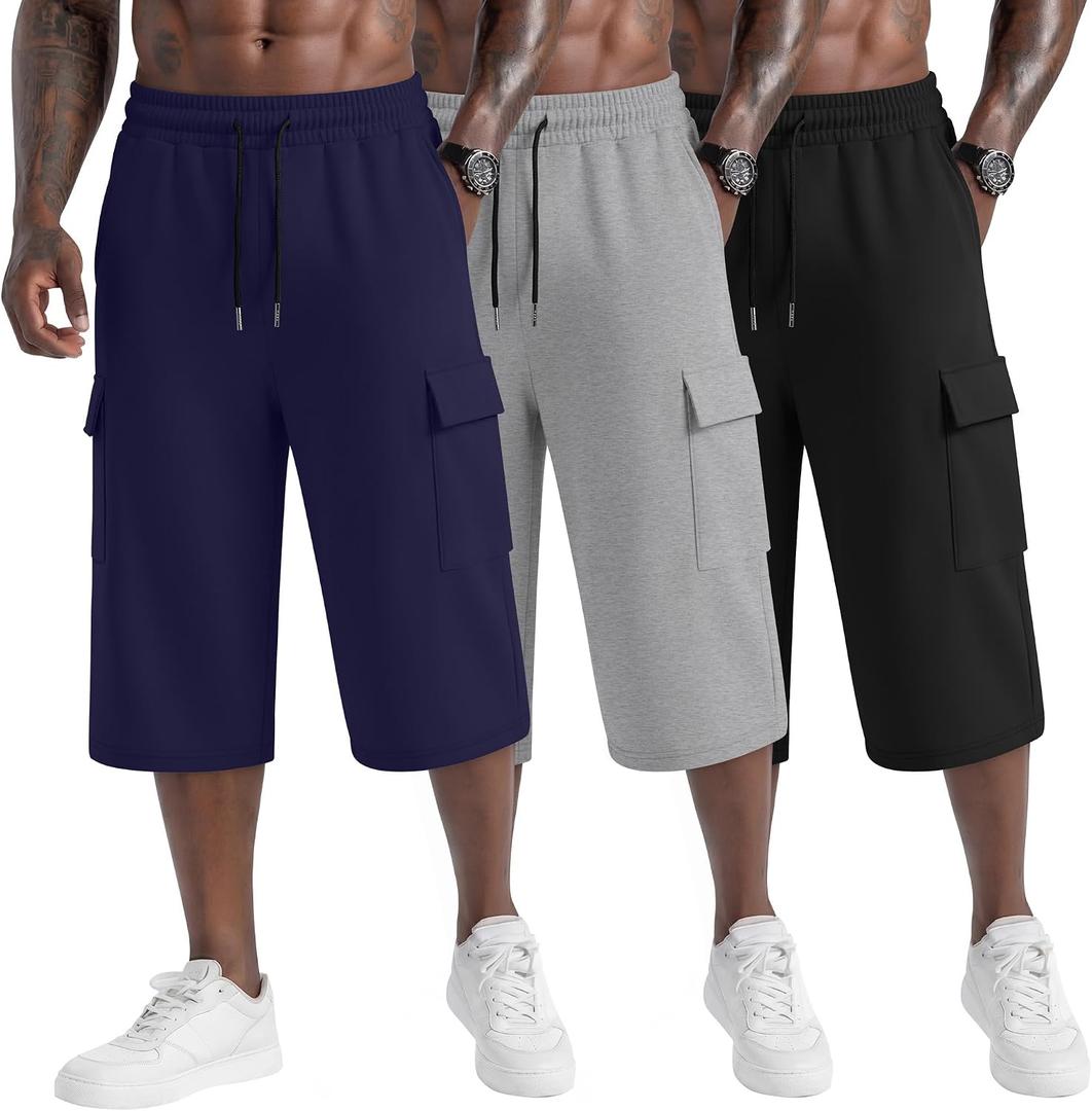 Neer 3 Pack Men's Capri Cargo Pants Big and Tall Baggy 3/4 Shorts Drawstring Below Knee Pants Summer Casual with Pockets (Blue, XXXL)