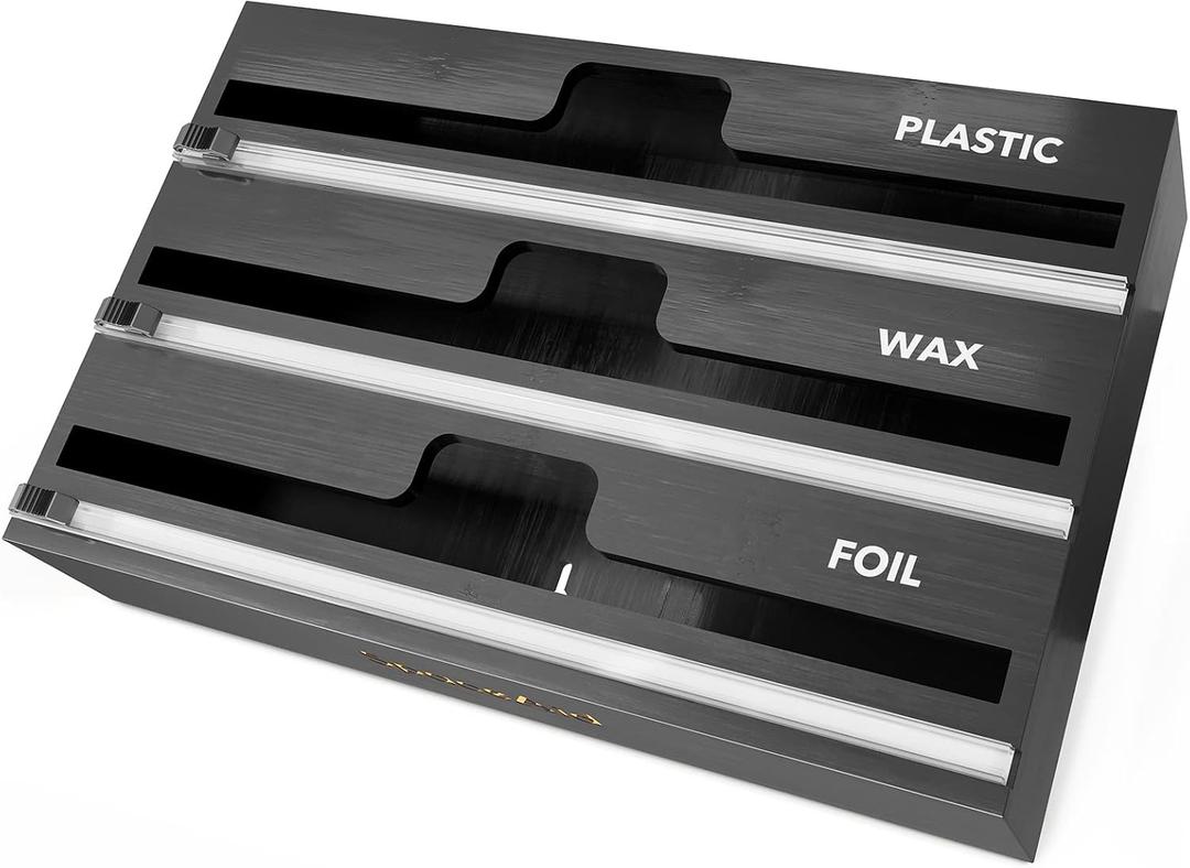 SpaceAid WrapNeat 3 in 1 Wrap Organizer with Cutter and Labels, Plastic Wrap, Aluminum Foil and Wax Bamboo Dispenser for Kitchen Storage Organization Holder for 12" Roll (Black) (3-Slot, 3"Tall)