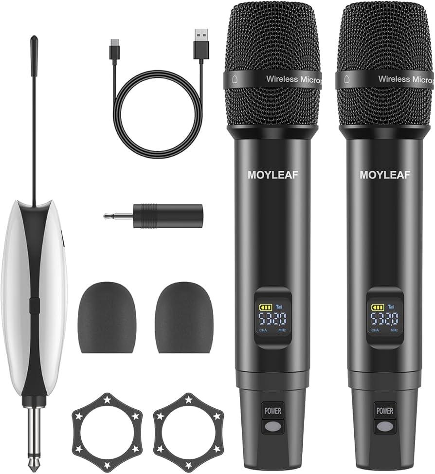 Wireless Microphones, Metal Dual Professional UHF Cordless Dynamic Wireless Microphone System, Rechargeable Microphone Receiver for Karaoke Singing, Wedding, Party, DJ, Speech, Church, Class Use, 240ft