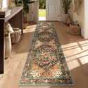 Yamaziot Washable Runner Rug, 2x8 Non-Slip Boho Vintage Hallway Rug Runner with Rubber Backing, Stain Resistant & Low Pile Faux Wool Distressed Carpet Runner for Bedroom, Kitchen, Laundry, Entrance (Rust/Dull Teal)