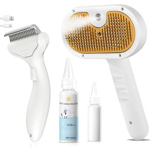 3-in-1 Pet Steam Brush Set for Dogs & Cats, Grooming Comb with Spray, Defur Tool, Water-Assisted Hair Removal, Spritz Brush, Multi-Purpose Kit, Undercoat Rake, Deshedding Brushes, Dematting Brush. (7.8"-Comb+Shampoo)