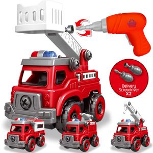 4-in-1 Take Apart Toys Truck with Electric Drill, DIY Assembly Fire Truck Toy Vehicles, Kids STEM Building Educational Cars Toys, Birthday Gifts for Age 3 4 5 6 7 8 Years Old Boys Girls