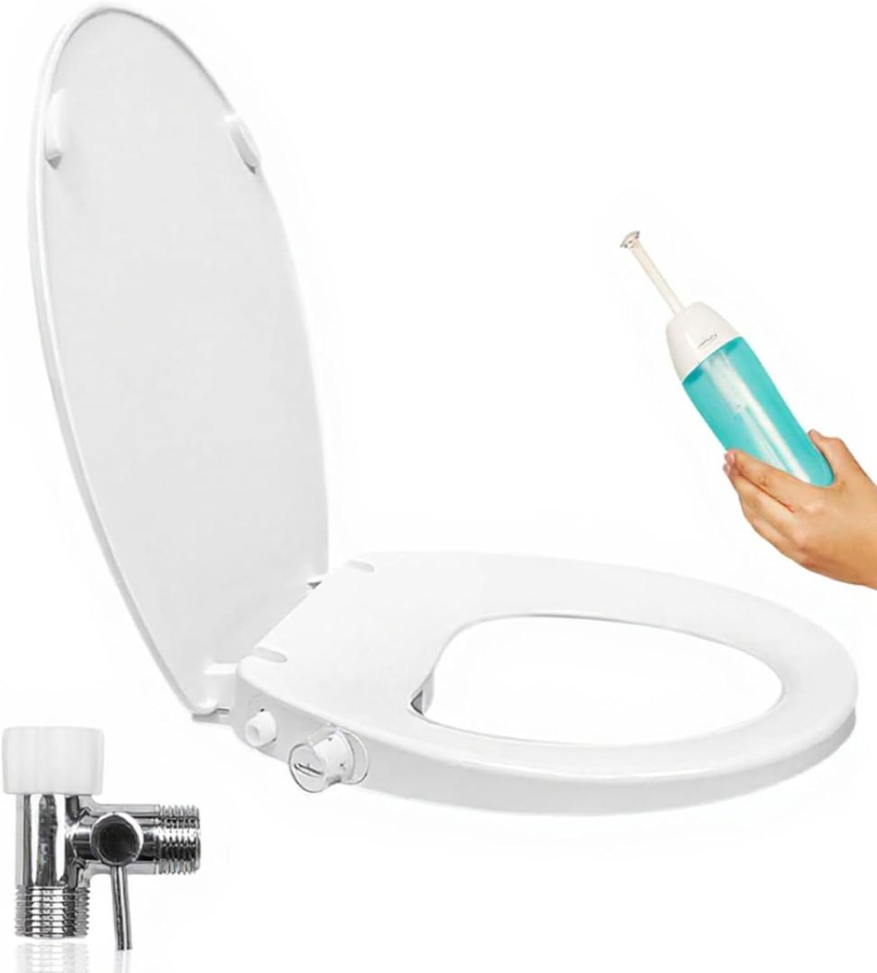 GenieBidet Bidet Toilet Seat Elongated - Dual Nozzles with T adapter & Bottle - Adjustable Water Pressure & Slow Close Bidet Seat Elongated with No Wiring & Easy Installation